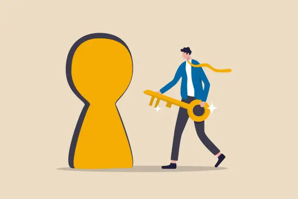 Vector illustration of Key to success, unlock secret door to growing business, opportunity for career path or goal achievement concept, confidence businessman holding golden key and running to unlock keyhole to reach target