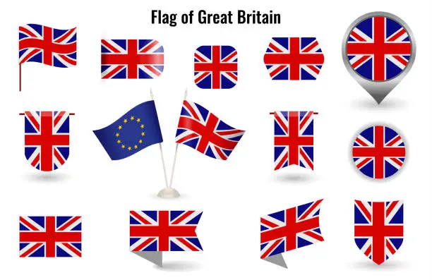 Vector illustration of The Flag of Great Britain. Big set of icons and symbols.