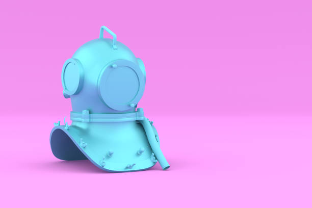 Painted Blue Scuba helmet on pink background. Perspective view. Underwater diving helmet in Minimal Style. Trendy duotone effect. 3D render Illustration.