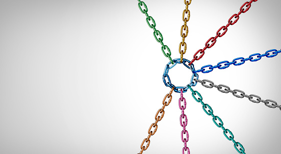 Corporate unity concept and solidarity as a teamwork symbol with a group of 3D illustration diverse chains representing diversity linked together in a shining sun shape as a metaphor for cooperation and strength.