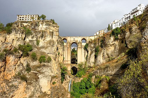 The Puente Nuevo, New bridge in Ronda, Spain spans the 120m deep chasm which divides the city. Province of Malaga, Spain