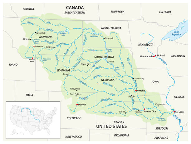 ilustrações, clipart, desenhos animados e ícones de mapa vetorial da bacia de drenagem do rio missouri, estados unidos, canadá - platte river