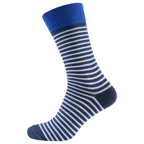 istock trendy volumetric blue sock with white stripes, on a white background 1279753234