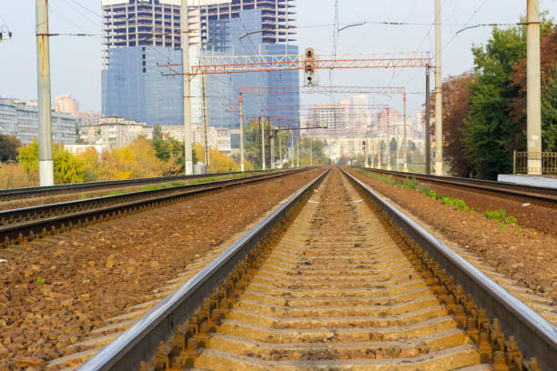 istock Railroad track of multi-track railway close-up 1279754791