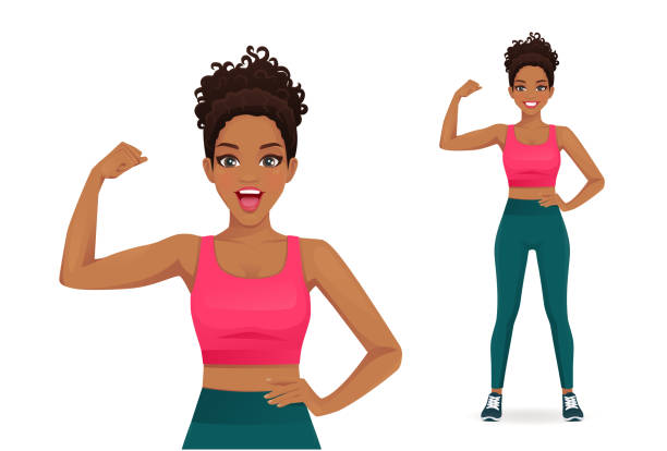 Strong sport woman Sport african fitness surprised woman showing bicep on her arm isolated vector illustration cartoon of the physical fitness stock illustrations