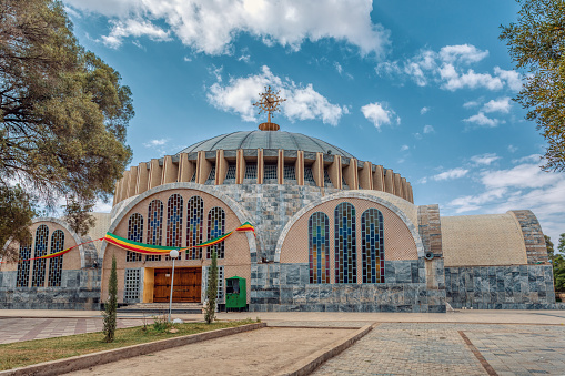 Famous cultural heritage Church of Our Lady of Zion in Axum. Ethiopian Orthodox Tewahedo Church built by Emperor Haile Selassie in the 1950s.