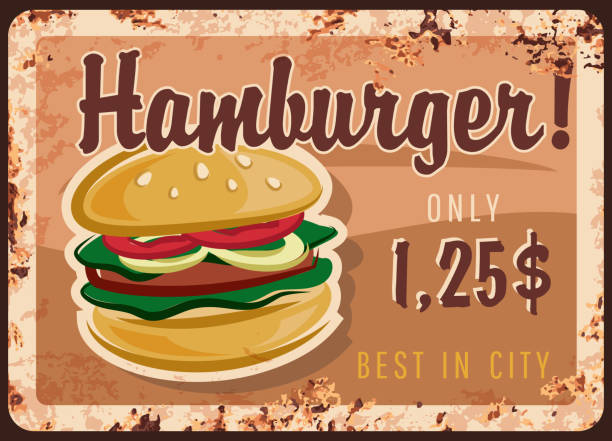 햄버거 녹슨 접시, 패스트 푸드 버거 메뉴 - hamburger bun barbecue sign stock illustrations