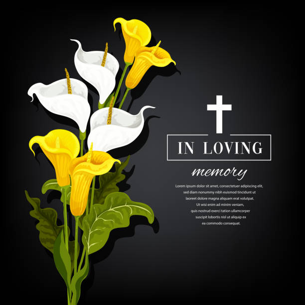 Funeral vector card with calla flowers, sorrowful Funeral vector card with calla flowers. Sorrowful for death, in loving memory funerary card with floral decoration and christian cross. Yellow and white lily blossoms on black mourning background compassion stock illustrations