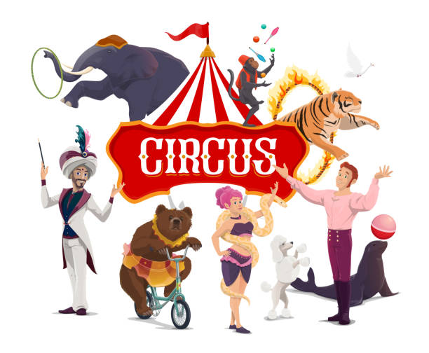 ilustraciones, imágenes clip art, dibujos animados e iconos de stock de cartel vectorial de artistas de espectáculos de circo de carpas grandes - traditional festival juggling women performer