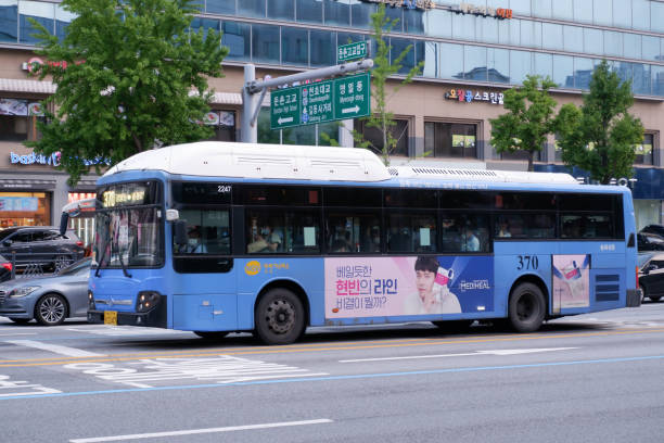 The representative blue bus in Seoul Seoul, Korea-August 28, 2020: A representative blue bus in Seoul running through Seoul City seoul bus stock pictures, royalty-free photos & images