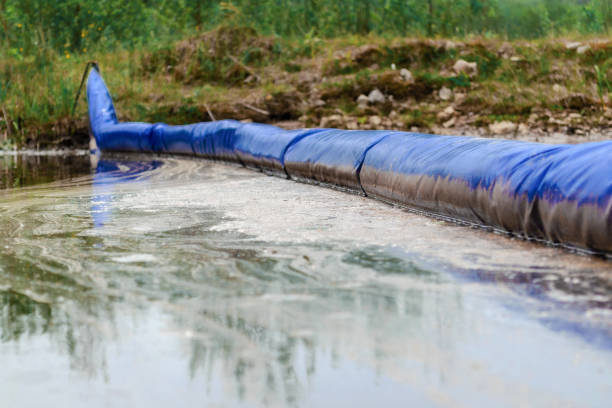 fuoriuscita di petrolio. una barriera galleggiante utilizzata per contenere una fuoriuscita di petrolio. disastro ambientale. - oil slick foto e immagini stock