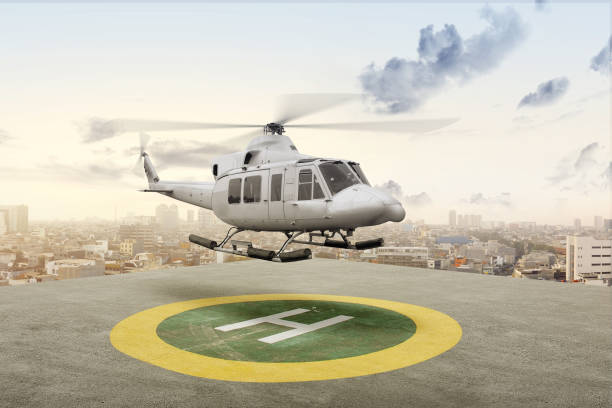 The helicopter takes off from the helipad on the city