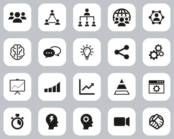 ilustrações de stock, clip art, desenhos animados e ícones de work productivity icons black & white flat design set big - globe occupation working world map