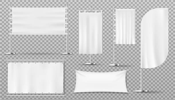 Advertising banners, flags, blank white templates Advertising banners and flags, blank isolated white templates, vector realistic mockups. Outdoor advertising pole signs, feather and teardrop flag banners, billboards and commercial fabric flags feather flag stock illustrations