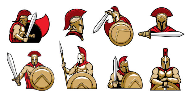 Spartan warriors, knights with helmet and shield Spartan warriors, knights with helmet and shield, Medieval gladiator in armor with sword, vector heraldic icons. Spartan knight or gladiator and royal warrior in paladin and red plume helmet greece illustrations stock illustrations