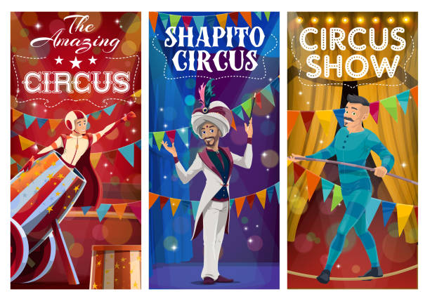 illustrazioni stock, clip art, cartoni animati e icone di tendenza di i migliori personaggi del circo della tenda striscioni vettoriali dei cartoni animati - magic circus wand circus theatrical performance stage theater
