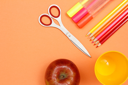 School supplies. Red apple, scissors, felt pens, color pencils and plastic cup on pink background. Top view with copy space. Back to school concept. Pastel colors