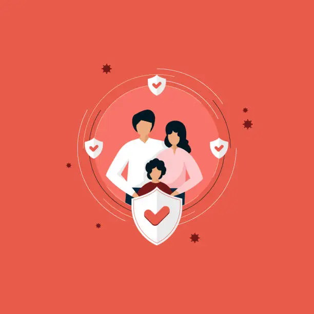 Vector illustration of medical insurance, family with secured protection