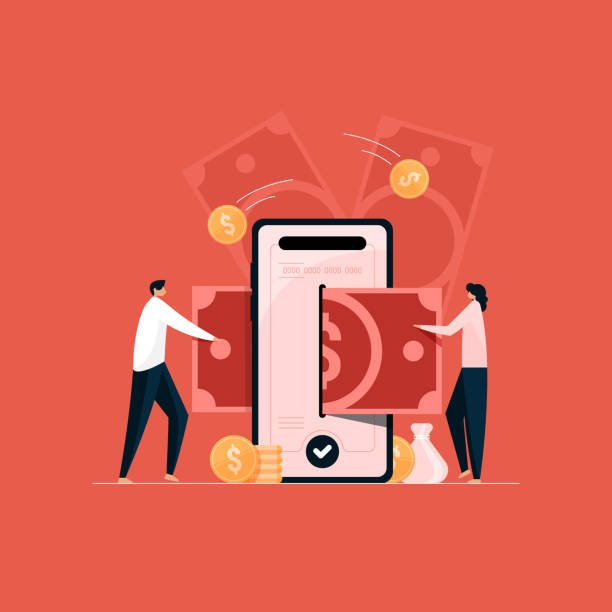 illustrazioni stock, clip art, cartoni animati e icone di tendenza di persone che utilizzano l'app di mobile banking, trasferimento di denaro online, concetto di net banking - negozio di elettrodomestici