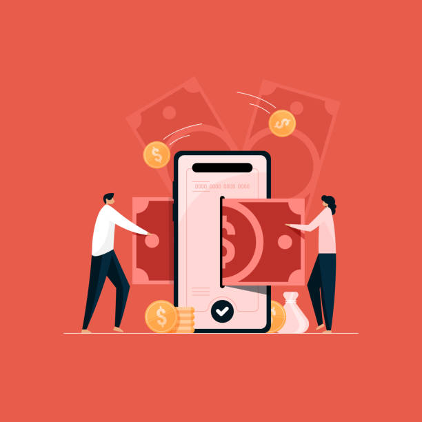 People using mobile banking app, online money transfer, net banking concept People using mobile banking app, online money transfer, net banking concept wages illustrations stock illustrations