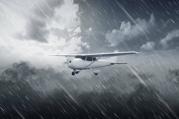 Aircraft flying in the air with rainy weather