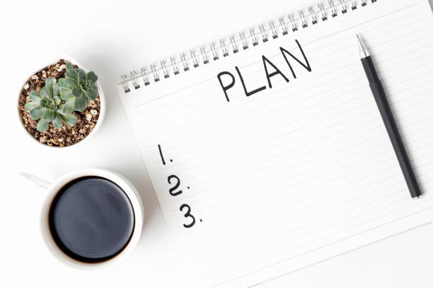 istock Notepad with inscription plan and cup of coffee on white background top view. 1279761081