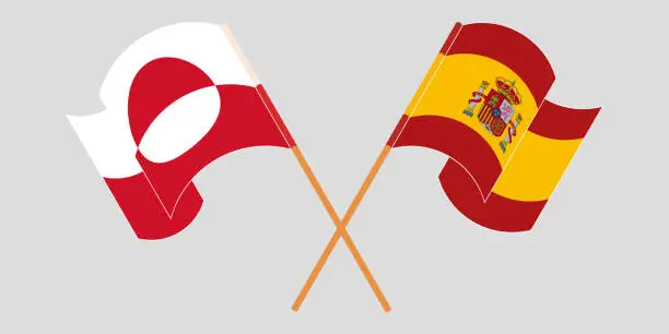 Vector illustration of Crossed and waving flags of Greenland and Spain