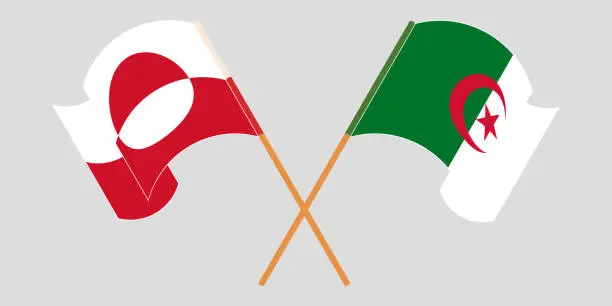 Vector illustration of Crossed and waving flags of Greenland and Algeria