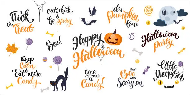 Vector illustration of Happy Halloween lettering and cartoon elements set