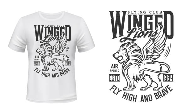 Lion print t-shirt mockup, aviation flying club vector icon. Aviators and airplane pilots academy symbol of roaring lion with wings, Fly High and Brave slogan for t shirt print