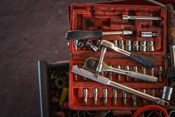 istock Wrenches and tools for mechanics in a garage 1279762938