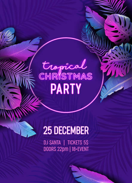 istock Disco Christmas Tropic Party Vector Poster, New Year Summer Holiday Flyer, Neon monstera palm leaves design, winter beach holidays, Vibrant template brochure, tropical background, Paradise cover 1279763002