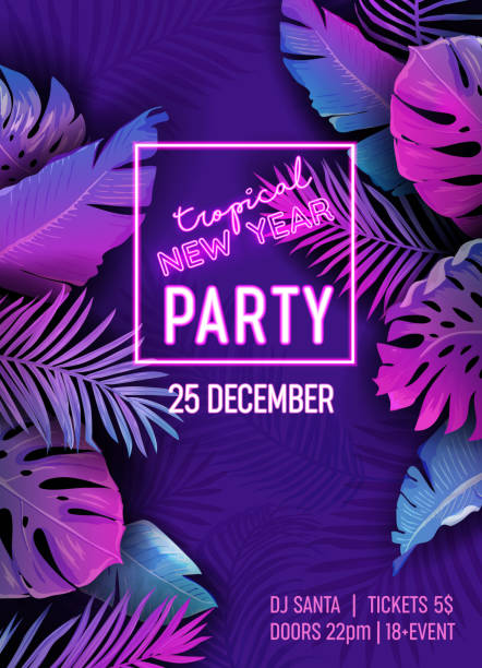 istock New Year Disco Tropic Party Vector Poster, Christmas Summer Holiday Flyer, Neon monstera palm leaves design, winter beach holidays, Vibrant template brochure, tropical background, Paradise cover 1279763003