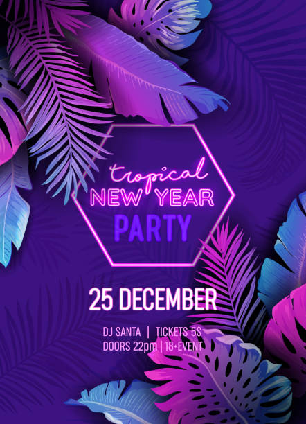 istock New Year Disco Tropic Party Vector Poster, Christmas Summer Holiday Flyer, Neon monstera palm leaves design, winter beach holidays, Vibrant template brochure, tropical background, Paradise cover 1279763006