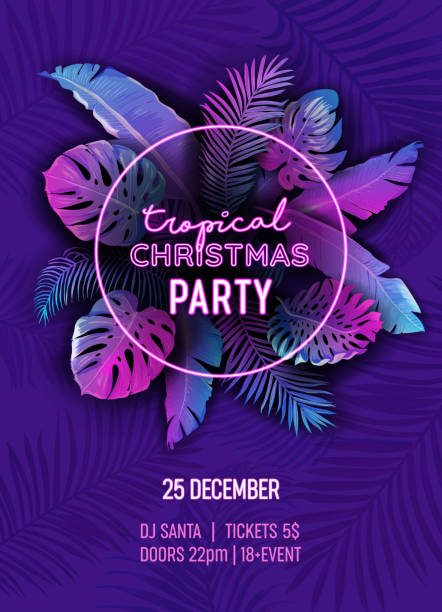 istock Neon Christmas Tropic Party Poster, New Year Vector Summer Holiday Flyer, Disco monstera palm leaves design, winter beach holidays, Vibrant tropical background, Paradise purple template illustration 1279763008