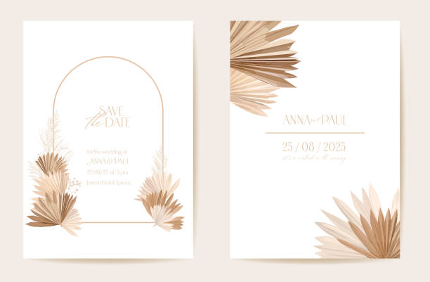 Wedding invitation dried tropical palm leaves, flowers card, dry pampas grass watercolor template vector. Botanical Save the Date golden foliage modern poster, trendy design, luxury background vector art illustration