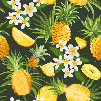 Seamless Floral Pineapple Vector Pattern, Plumeria Flowers Tropical Background, Palm Leaves, Fruit  Texture, Tropic Jungle Wallpaper, Colorful Fruits Backdrop, Hawaii Cover Design, Watercolor Textile