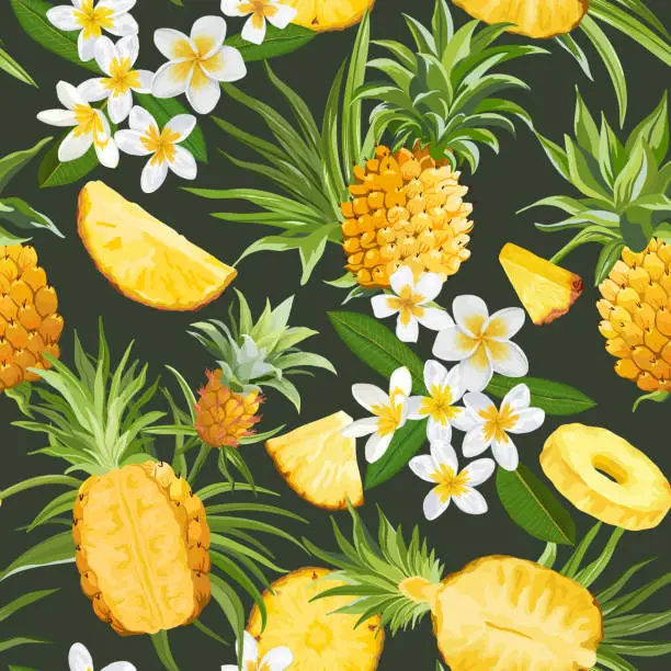 Vector illustration of Seamless Floral Pineapple Vector Pattern, Plumeria Flowers Tropical Background, Palm Leaves, Fruit  Texture, Tropic Jungle Wallpaper, Colorful Fruits Backdrop, Hawaii Cover Design, Watercolor Textile
