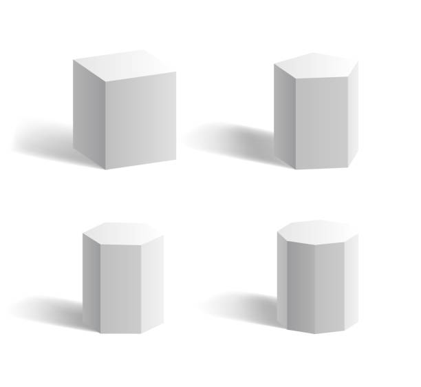 ilustraciones, imágenes clip art, dibujos animados e iconos de stock de formas geométricas 3d básicas: cubo, cuboide, hexágono, prisma pentágono plantillas aisladas blancas - prismas rectangulares
