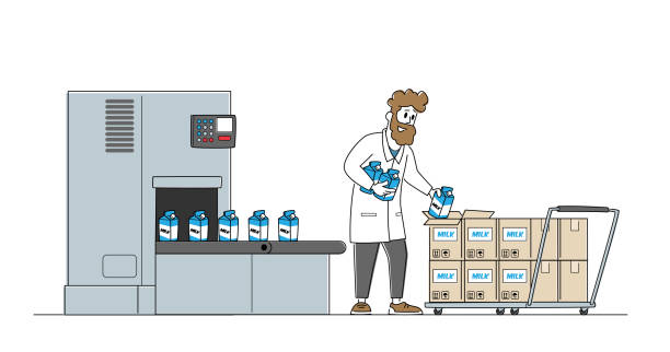 ilustrações de stock, clip art, desenhos animados e ícones de dairy food packaging, industrial automation process. man plant worker take milk packages from factory conveyor belt - semi skimmed milk