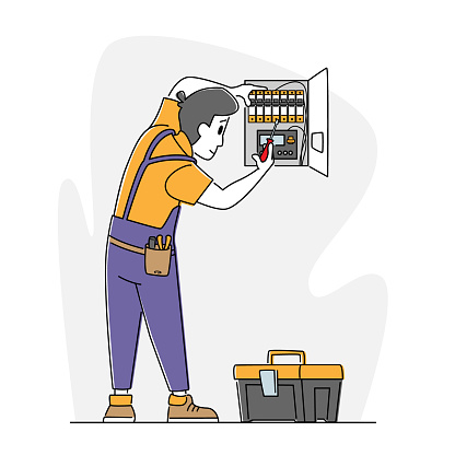 Fire, Energy and Electrical Safety Signaling System Concept. Foreman Electrician Character in Robe Overalls Install or Examine Working Draft or Measure Voltage at Dashboard. Linear Vector Illustration