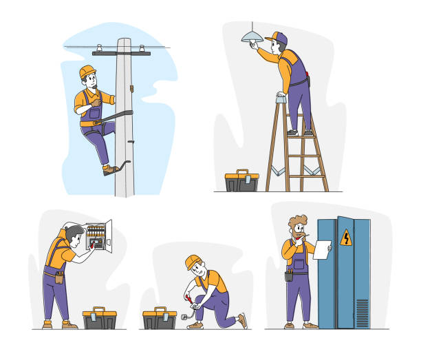 Set of Electricians at Work. Male Workers in Overalls Climbing on Transmitting Tower, Change Burnt Lamp, Check Voltage Set of Electricians at Work. Male Characters in Worker Overalls Climbing on Transmitting Tower, Change Burnt Lamp, Check Voltage in Dashboard and Work with Fuse Box. Linear People Vector Illustration power line illustrations stock illustrations
