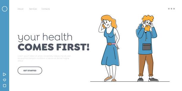 Couple Characters Feeling Head Ache Landing Page Template. Man and Woman with Pain. Health Problem, Disease Symptoms Couple Characters Feeling Head Ache Landing Page Template. Man and Woman with Pain. Health Problem, Disease Symptoms and Body Sickness. Result of Stress or Booze. Linear People Vector Illustration painfully stock illustrations