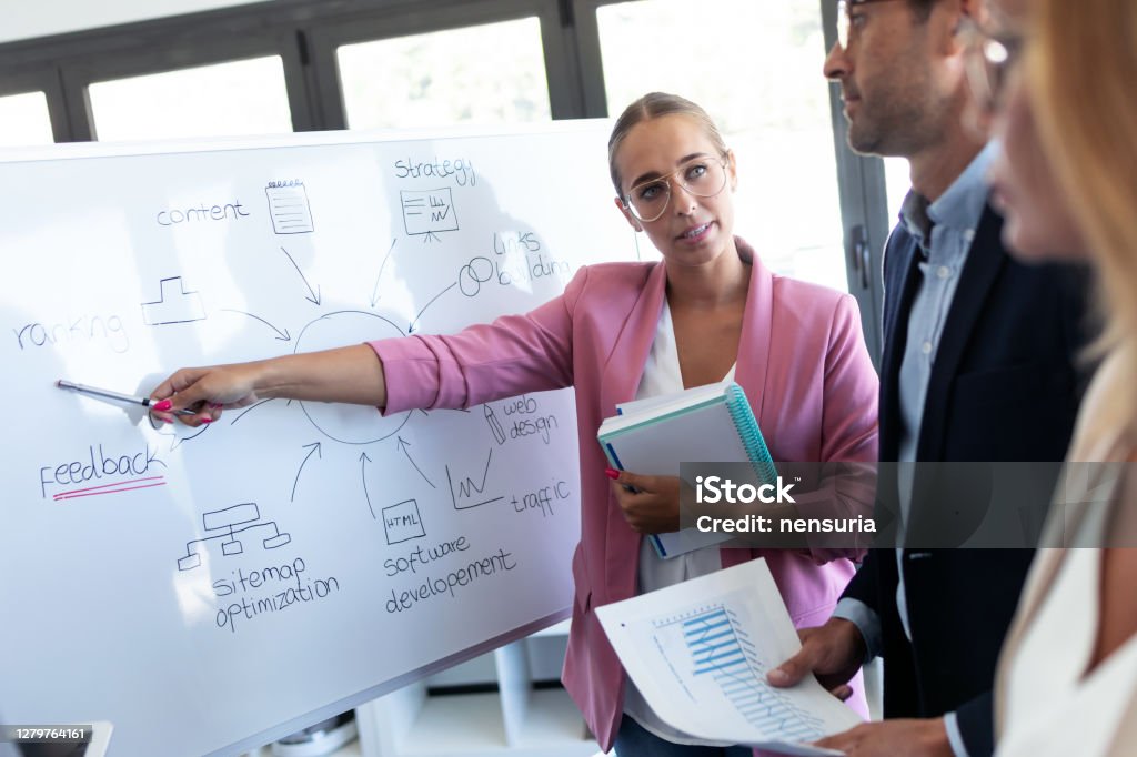 Elegant young businesswoman pointing at white blackboard and explain a project to her colleagues on coworking place. Shot of elegant young businesswoman pointing at white blackboard and explain a project to her colleagues on coworking place. Manager Stock Photo
