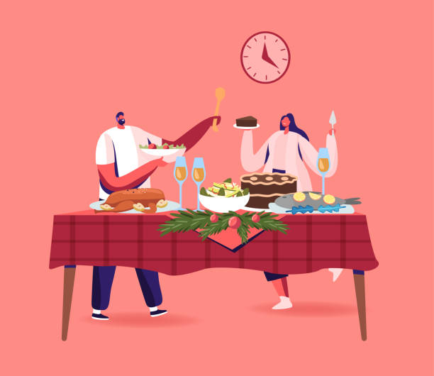 illustrazioni stock, clip art, cartoni animati e icone di tendenza di cena di natale di coppia, maschi felici, personaggi femminili che celebrano la vacanza di natale a tavola con i pasti tradizionali della turchia - christmas dinner food turkey