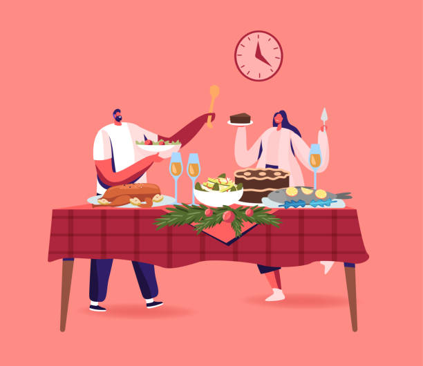 カップルクリスマスディナー、ハッピー男性、トルコの伝統的な食事とテーブルでクリスマス休暇を祝う女性キャラクター - christmas dinner food turkey点のイラスト素材／クリップアート素材／マンガ素材／アイコン素材