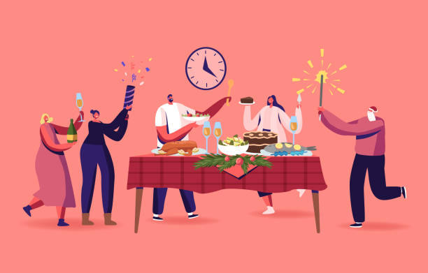 ilustraciones, imágenes clip art, dibujos animados e iconos de stock de cena de navidad para familiares o amigos, personajes felices que celebran las vacaciones de navidad en la mesa con comidas tradicionales de turquía - cena ilustraciones
