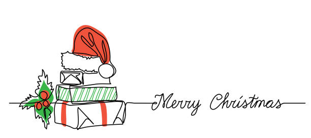 Xmas banner with gift box present package stack. One continuous line drawing with greeting text Merry Christmas. Simple illustration, background with gifts, holly berry and red santa hat Xmas banner with gift box present package stack. One continuous line drawing with greeting text Merry Christmas. Simple illustration, background with gifts, holly berry and red santa hat. people borders stock illustrations