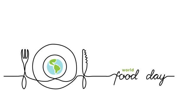 ilustrações de stock, clip art, desenhos animados e ícones de world food day holiday concept with earth or globe and plate, knife and fork. single line art with text food day - world cuisines