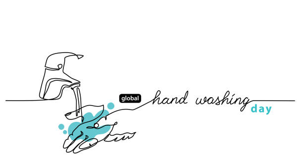 global handwashing day minimalistische linie kunst rand, web-banner, einfache vektor-hintergrund mit händen und wasser, das aus dem hahn fließt. handwäsche schriftzug - frame human hand sketching doodle stock-grafiken, -clipart, -cartoons und -symbole